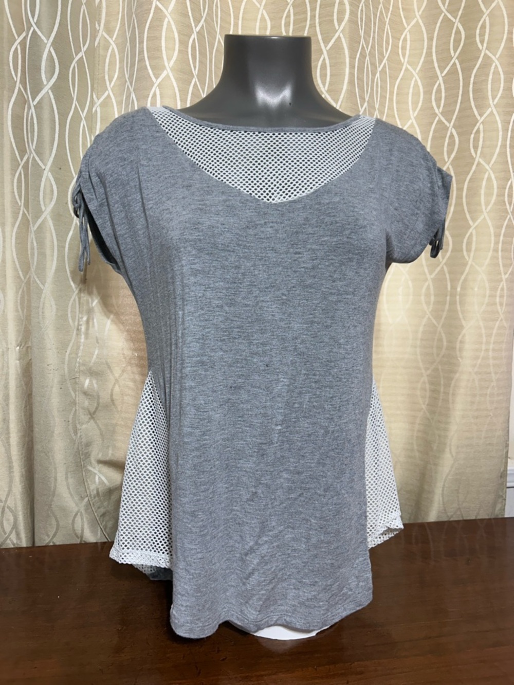 Belldini Grey Knit Top with White Mesh Insets